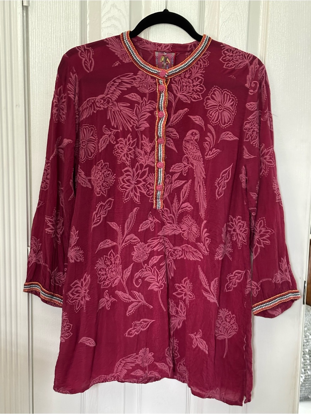 Johnny Was Wine-Pink Embroidered Floral Tunic